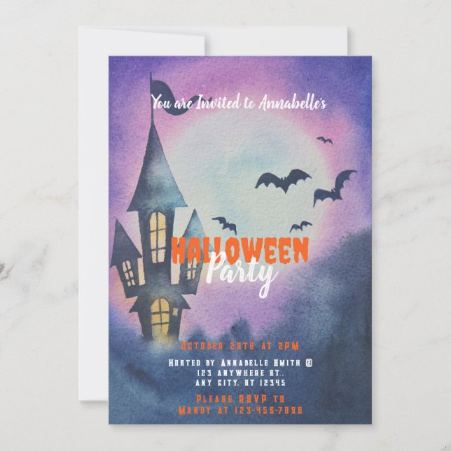 Haunted House Full Moon Bats Halloween Party Invitation (Front)