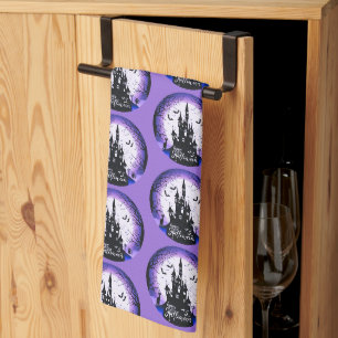 Haunted House Full Moon Bats Happy Halloween Tea Towel