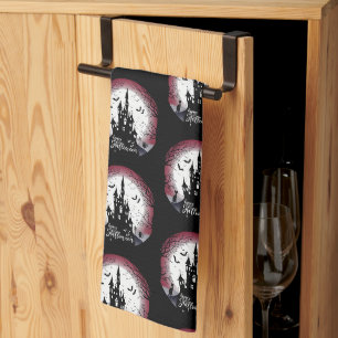 Haunted House Full Moon Bats Happy Halloween Tea Towel
