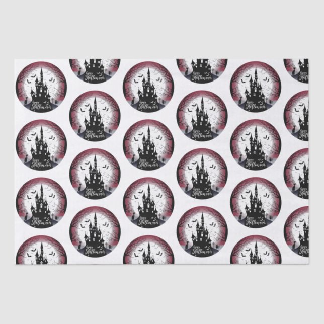 Haunted House Full Moon Bats Happy Halloween Tissue Paper (Front)