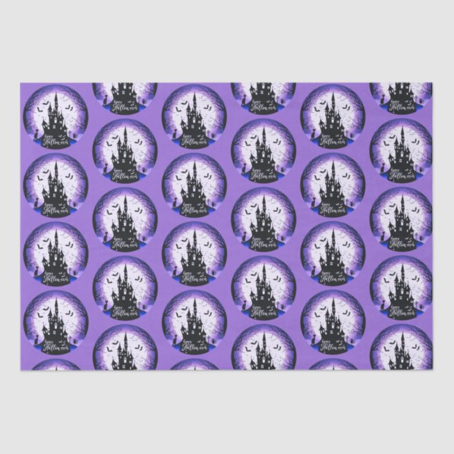 Haunted House Full Moon Bats Happy Halloween Tissue Paper (Front)