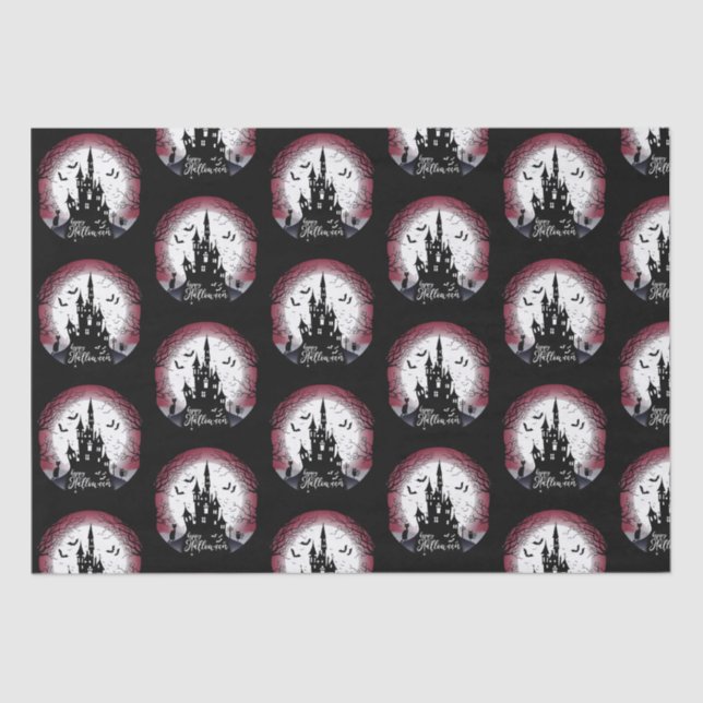 Haunted House Full Moon Bats Happy Halloween Tissue Paper (Front)