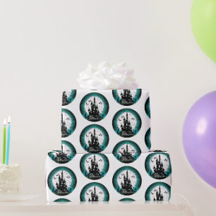 Haunted House Full Moon Bats Happy Halloween Wrapping Paper