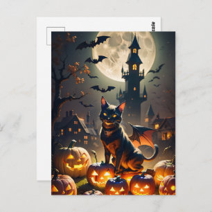 Haunted House, Full Moon, Black Cat Halloween Postcard