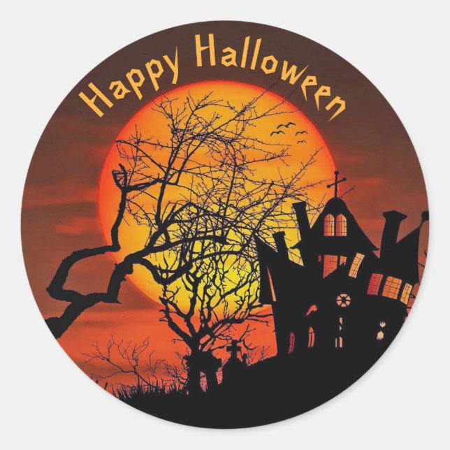 Haunted House Full Moon Graphic Halloween Classic Round Sticker (Front)
