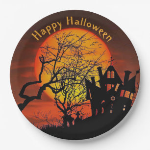 Haunted House Full Moon Graphic Halloween Paper Plate