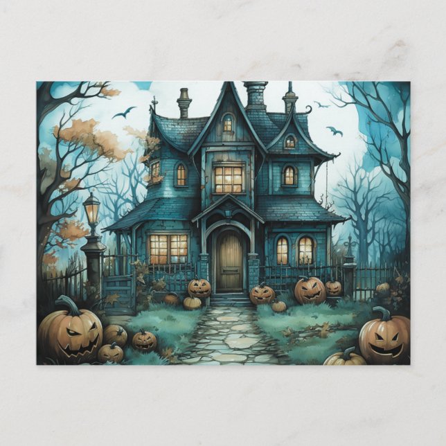 Haunted House Full Moon Pumpkins Halloween Holiday Postcard (Front)