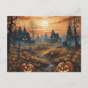 Haunted House Full Moon Pumpkins Halloween Holiday Postcard