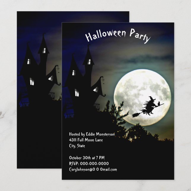 Haunted House, Full Moon, Witch Halloween Party Invitation (Front/Back)