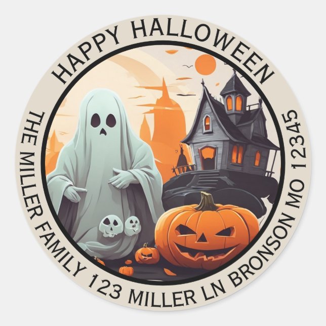 Haunted House, Ghost and Pumpkins Envelope Seal (Front)