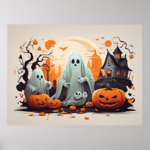 Haunted House, Ghost and Pumpkins Halloween Poster