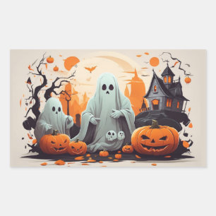 Haunted House, Ghost and Pumpkins  Rectangular Sticker