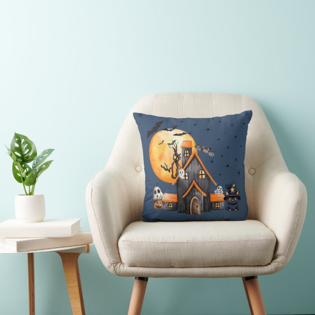 Haunted House Ghosts Full Moon Dark Blue Halloween Cushion (Chair)