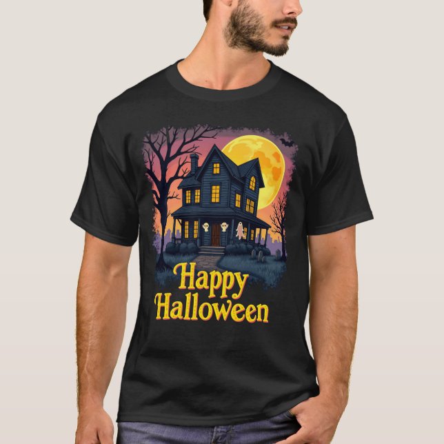 Haunted House Ghosts Happy Halloween Tee (Front)
