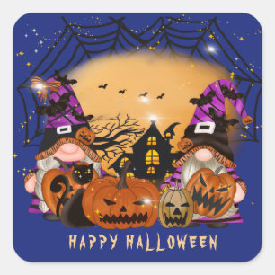 Haunted House Gnomes and Jack o'Lanterns Halloween Square Sticker