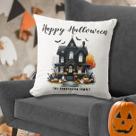 Haunted House Halloween Cushion<br><div class="desc">Add a playful and cosy touch to your Halloween décor with this fun and festive pillow. Featuring a simple black and white design, the pillow showcases a haunted house with orange accents from a spooky tree, pumpkins, and jack-o-lanterns. Cute ghost and bat details complete the whimsical look, along with a...</div>