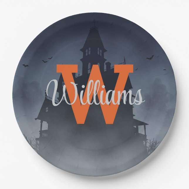 Haunted House Halloween Decor Custom Monogram Paper Plate (Front)