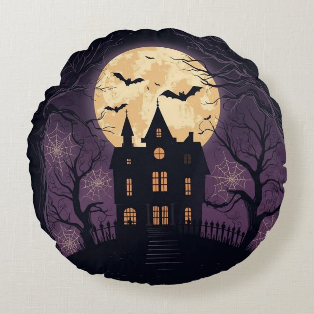 Haunted House Halloween Round Pillow (Front)