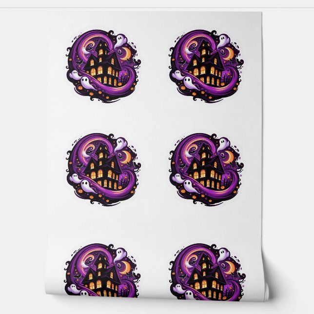 Haunted House Halloween Spooky Ghosts Bats Pumpkin Wallpaper (Unrolling)