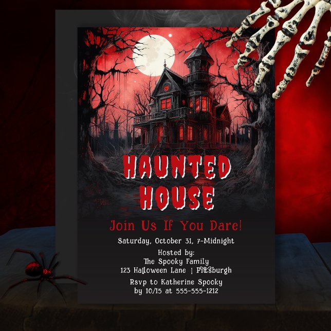 Haunted House Halloween Spooky  Gothic Forest Invitation (Haunted house invitation with eerie red moon and gothic Halloween atmosphere.)