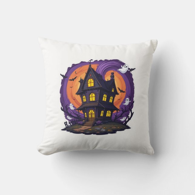 Haunted House Halloween Spooky Gothic Mansion Bats Cushion (Front)