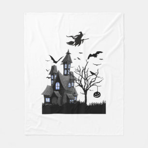 Haunted House Halloween T-Shirt Flying Bats, Witch Fleece Blanket