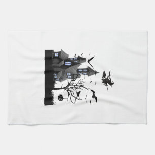 Haunted House Halloween T-Shirt Flying Bats, Witch Tea Towel