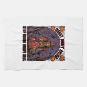 Haunted House Halloween Vintage Engraving Design_1 Tea Towel