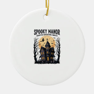 Haunted House Halloween Vintage Engraving Spooky N Ceramic Tree Decoration
