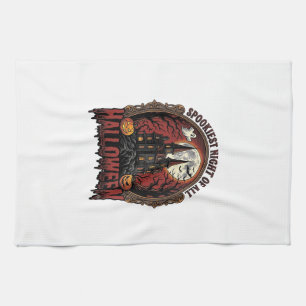 Haunted House Halloween Vintage Engraving Spooky N Tea Towel