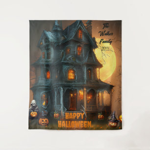 Haunted House Happy Halloween Family Name   Year Tapestry