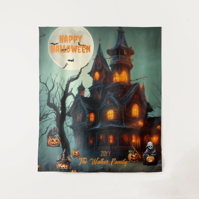 Haunted House Happy Halloween Family Name | Year Tapestry (Front)