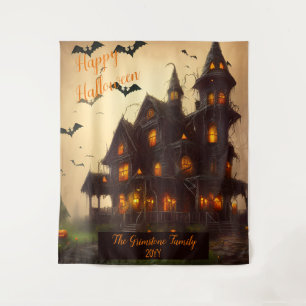 Haunted House Happy Halloween Family Name Year Tapestry