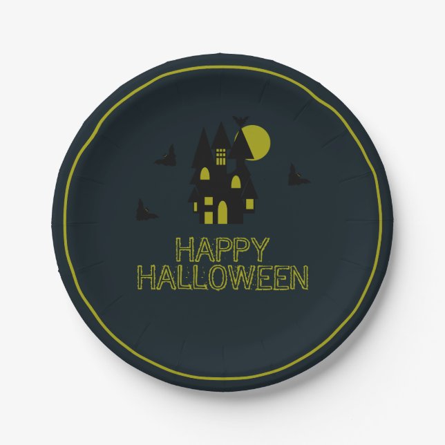 Haunted House, Happy Halloween Paper Plate (Front)