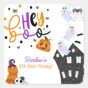 Haunted House Hey Boo Purple Halloween Birthday  Square Sticker