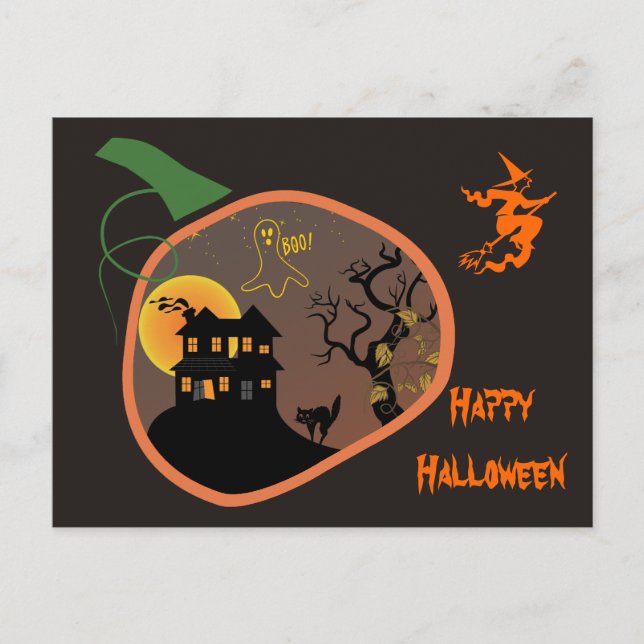 Haunted House in a pumpkin Halloween postcard (Front)