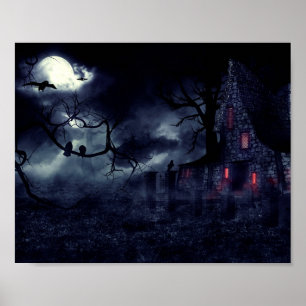 Haunted House in the fog and crows Poster