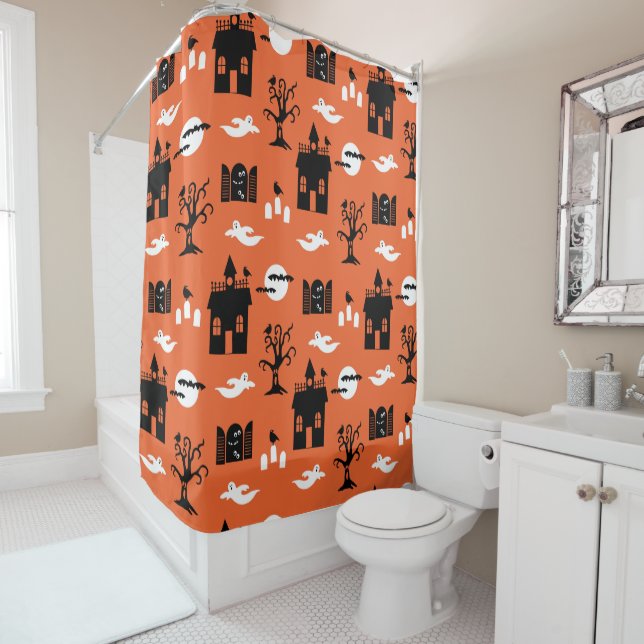 Haunted House Kids Halloween Print Shower Curtain (In Situ)