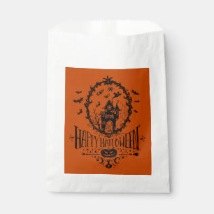 Haunted House Line Art Happy Halloween Orange Favour Bags