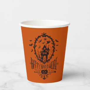 Haunted House Line Art Happy Halloween Orange Paper Cups