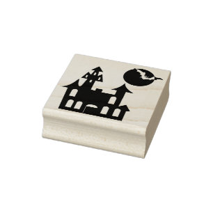 Haunted House, Moon and Bats Rubber Stamp