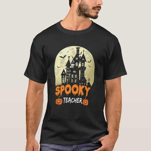 Haunted House Moon Night Groovy Spooky Teacher 1 T-Shirt (Front)