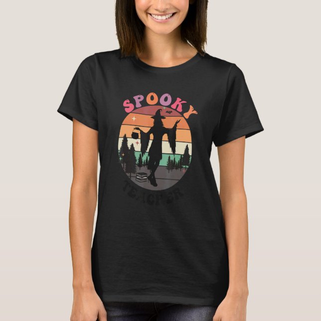 Haunted House Moon Night Groovy Spooky Teacher 3 T-Shirt (Front)