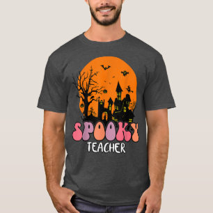 Haunted House Moon Night Groovy Spooky Teacher Sea T-Shirt