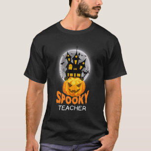 Haunted House Moon Night Groovy Spooky Teacher T-Shirt