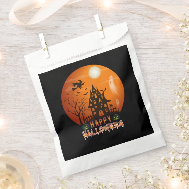 Haunted House Orange and Black Happy Halloween Favour Bags (Clipped)