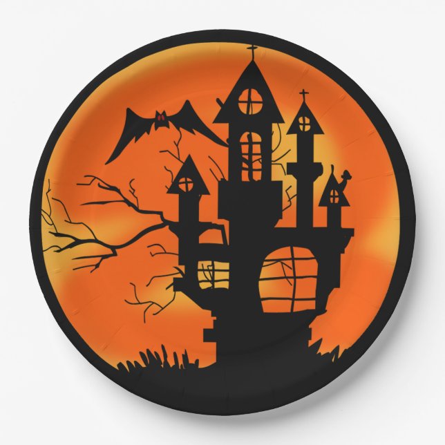 Haunted House Orange Halloween Paper Plate (Front)