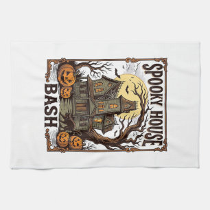 Haunted House Party Vintage Engraving Halloween De Tea Towel