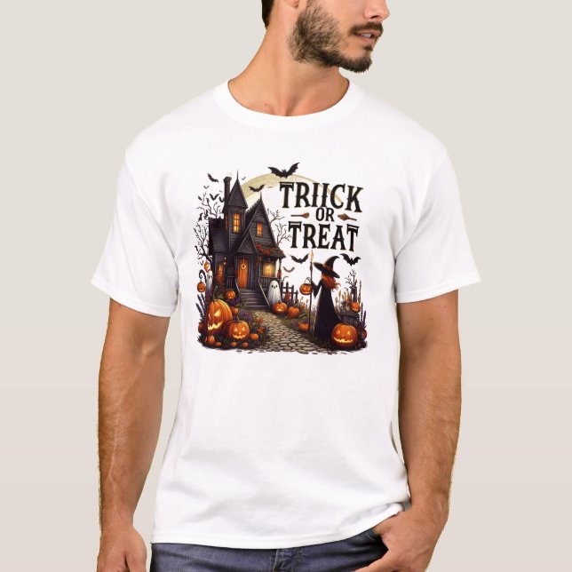 Haunted house path filled with pumpkins and ghosts T-Shirt (Front)