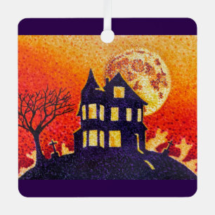 Haunted House Pointillism Halloween Metal Tree Decoration